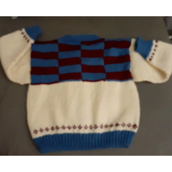 Hand Knitted  Cardigan Child Sweater Blue Maroon White Pattern Hand Handmade M L - Picture 6 of 8